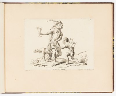Plaat 4, La Ptisanier (De kruidenthee verkoper), Singeries ou différentes actions de la vie humaine représentées par des singes (Apenstreken of verschillende acties van het menselijk leven voorgesteld door apen) door Christophe Huet