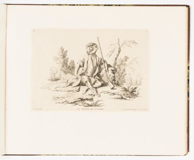 Plaat 6, Le Repos de Chasse (De rust van de jacht), Singeries ou différentes actions de la vie humaine représentées par des singes (Apenstreken of verschillende acties van het menselijk leven voorgesteld door apen) door Christophe Huet