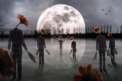 Figuurtjes met bloemenkoppen bij maanlicht door Christophe Kiciak