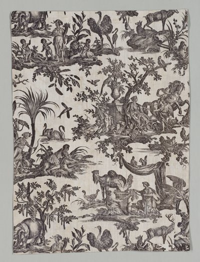 Fragment van koperplaat bedrukt katoen met Les quatres parties du monde ontwerp, 1788 door Christophe Philippe Oberkampf