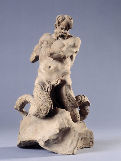 Triton. Stenen beeldhouwwerk door Christophe Veyrier