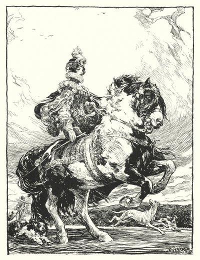 Vrouw in Tudor-kostuum op jacht te paard (litho) door Christopher (after) Clark
