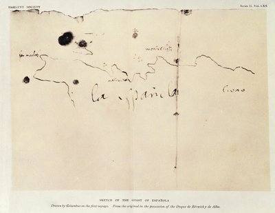 Schets van de kust van Hispaniola, getekend door Columbus tijdens de eerste reis, uit het origineel in het bezit van de Duque de Berwick y de Alba, 1492 door Christopher Columbus
