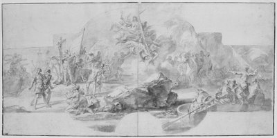 De Landing van Columbus in Amerika, studie voor een schilderij (vernietigd in 1777) voor de Sala del Minor Consiglio, Palazzo Ducale, Genua door Christopher Columbus