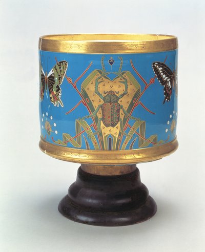 Jardiniere versierd in imitatie van cloisonne met kevers en vlinders, Minton & Co., 1867 door Christopher Dresser