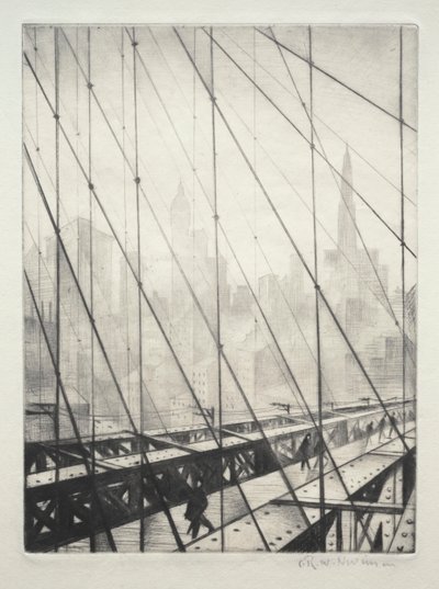 Kijkend door de Brooklyn Bridge door Christopher Richard Wynne Nevinson