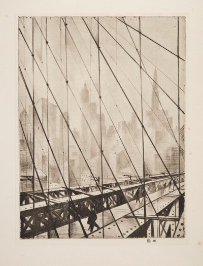 Kijkend door de Brooklyn Bridge, pub. 1921 door Christopher Richard Wynne Nevinson