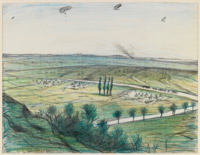 Landschap met observatieballonnen, 1914-18 door Christopher Richard Wynne Nevinson