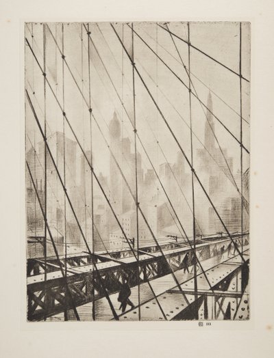 Kijkend door Brooklyn Bridge, uitgegeven 1921 door Christopher Richard Wynne Nevinson
