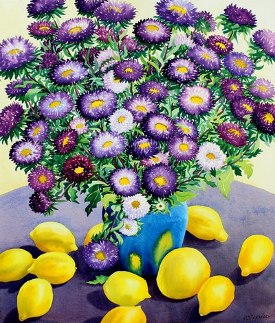 Paarse asters en citroenen door Christopher Ryland