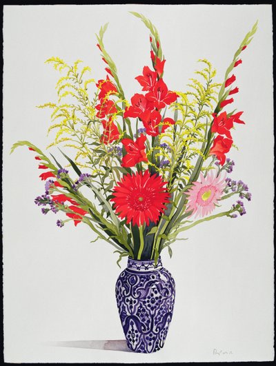 Tijgerlelies, Gladiool en Scabiosa in een Blauwe Marokkaanse Vaas door Christopher Ryland