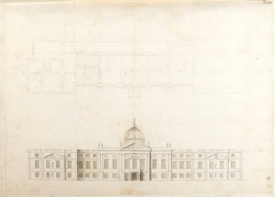 Hampton Court Palace, deelplan en schetselevatie voor een ingangsfacade, waarschijnlijk voor 2e schema, genummerd 5 & 6 door Christopher Wren