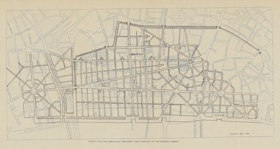 Plan van Sir Christopher Wren voor de herbouw van het verbrande gebied over de bestaande straten door Christopher Wren