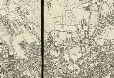 Detail van het gebied rond Pentonville, van Kaart van Londen, van een feitelijke enquête gemaakt in de jaren 1824 door Christopher and John (fl.1821 40) Greenwood
