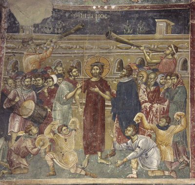 De Bespotting van Jezus, scène van de muzikanten, ca. 1317 door Chrostiras Michael