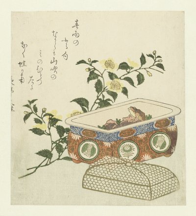 Kikker en tak van Kerria Japonica door Chôtei Hisazumi