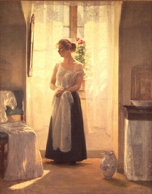Interieur met een Meisje voor een Spiegel door Cilius Anderson