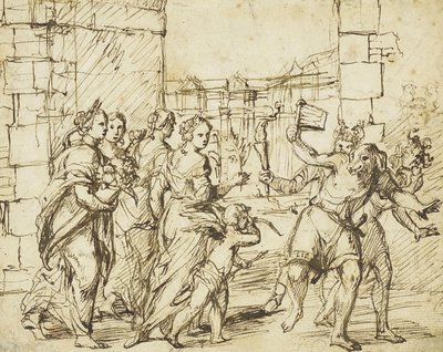 Het Lupercalian Festival in Rome: Cupido en personificaties van vruchtbaarheid ontmoeten de Luperci verkleed als honden en geiten door Circle of Adam Elsheimer