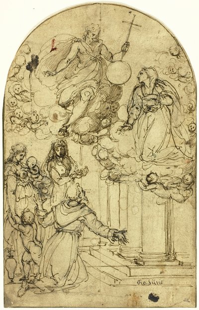 Visioen van Sint Franciscus van Assisi in Portiuncula (recto); Sierontwerp (verso) door Circle of Alessandro Allori
