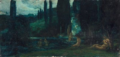 Badende vrouwen in de avond in een zuidelijk landschap door Circle of Arnold Böcklin