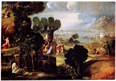 Landschap met Scènes uit de Levens van de Heiligen, c1530 door Circle of Dosso Dossi