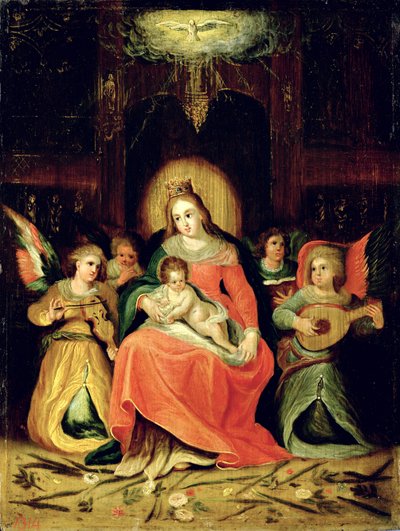 De Maagd Maria met kind en muziekspelende engelen door Circle of Frans Francken the Younger