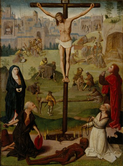 De kruisiging met St. Jerome en St. Dominic en scènes uit de passie door Circle of Geertgen tot Sint Jans