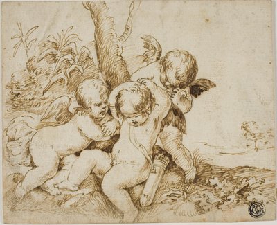 Twee Putti Blinddoeken een Derde door Circle of Guido Reni