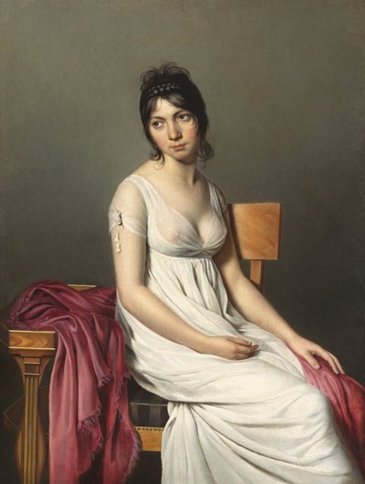 Portret van een jonge vrouw in het wit door Circle of Jacques Louis David