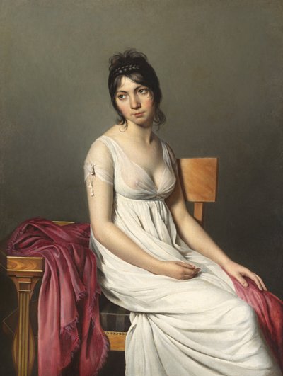 Portret van een jonge vrouw door Circle of Jacques Louis David