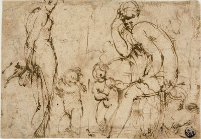 Venus en Mars met Putti (recto); Man met baard beweegt naar rechts (verso) door Circle of Parmigianino
