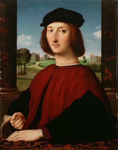 Portret van een jongeman in rood door Circle of Raphael