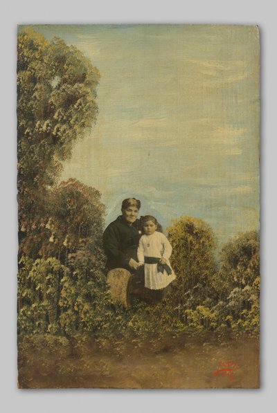 Portret van een onbekende moeder met dochter in struikgewas door Clady