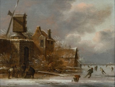 Een winterlandschap met schaatsers op een bevroren rivier buiten een dorp door Claes (1630 76) Molenaer