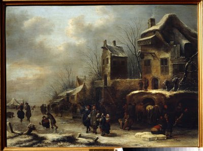 Schaatsbaan op een rivier door Claes  Molenaer