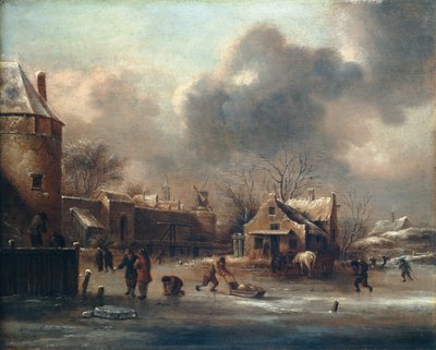 Schaatsscène: Figuren op het ijs bij de muren van een stad door Claes (1630 76) Molenaer