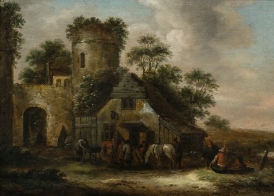 Figuren buiten een herberg bij de stadsmuren in de zomer door Claes (1630 76) Molenaer