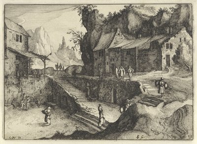 Bergdorp met huizen en trappen door Claes Jansz. Visscher (II)