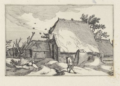 Boerderij en man met twee emmers door Claes Jansz. Visscher (II)