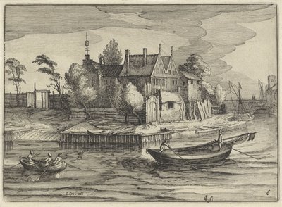 Sloepen bij een landgoed door Claes Jansz. Visscher (II)