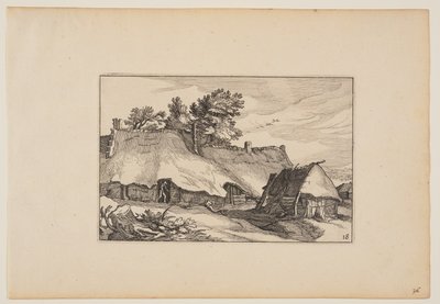 A Farm, Man in the Doorway, from Landscapes (Verscheyden aerdige Lanthuysen...) door Claes Jansz. Visscher