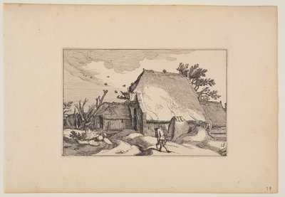 Een boerderij, man met twee emmers op pad ervoor, uit Landschappen (Verscheyden aerdige Lanthuysen...) door Claes Jansz. Visscher