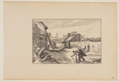 Een dorp, ladder staand tegen huis links, uit Landschappen (Verscheyden aerdige Lanthuysen...) door Claes Jansz. Visscher