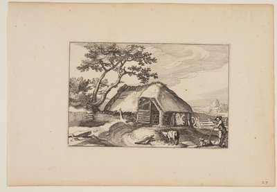 Schuur, kudde rustend op zijn stok op de rechter voorgrond, uit Landschappen (Verscheyden aerdige Lanthuysen...) door Claes Jansz. Visscher