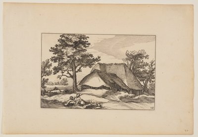 Schuren, rustende kudde en hond op de voorgrond, uit Landschappen (Verscheyden aerdige Lanthuysen...) door Claes Jansz. Visscher
