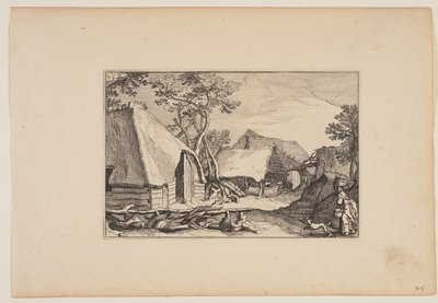 Schuren, vrouw en hond op de voorgrond, uit Landschappen (Verscheyden aerdige Lanthuysen...) door Claes Jansz. Visscher