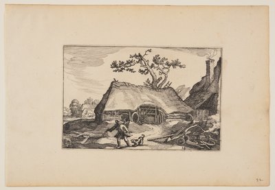 Boerderij met schuur voor een kar, man met blaffende hond, van Landschappen door Claes Jansz. Visscher