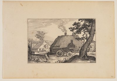 Boerderijen, chassis van een kar in het midden, uit Landschappen (Verscheyden aerdige Lanthuysen...) door Claes Jansz. Visscher