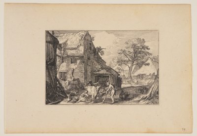 Boerenerf, met verloren zoon tussen de varkens, uit Landschappen (Verscheyden aerdige Lanthuysen...) door Claes Jansz. Visscher