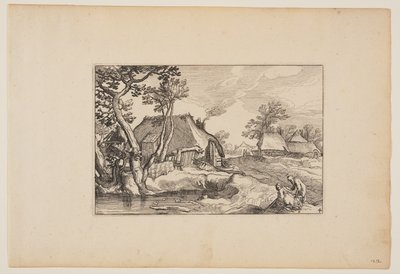 Oude man en vrouw rustend bij een vijver, uit Landschappen (Verscheyden aerdige Lanthuysen...) door Claes Jansz. Visscher